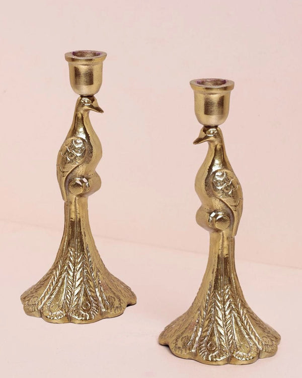 Brass Peacock Candlesticks - Set of 2
