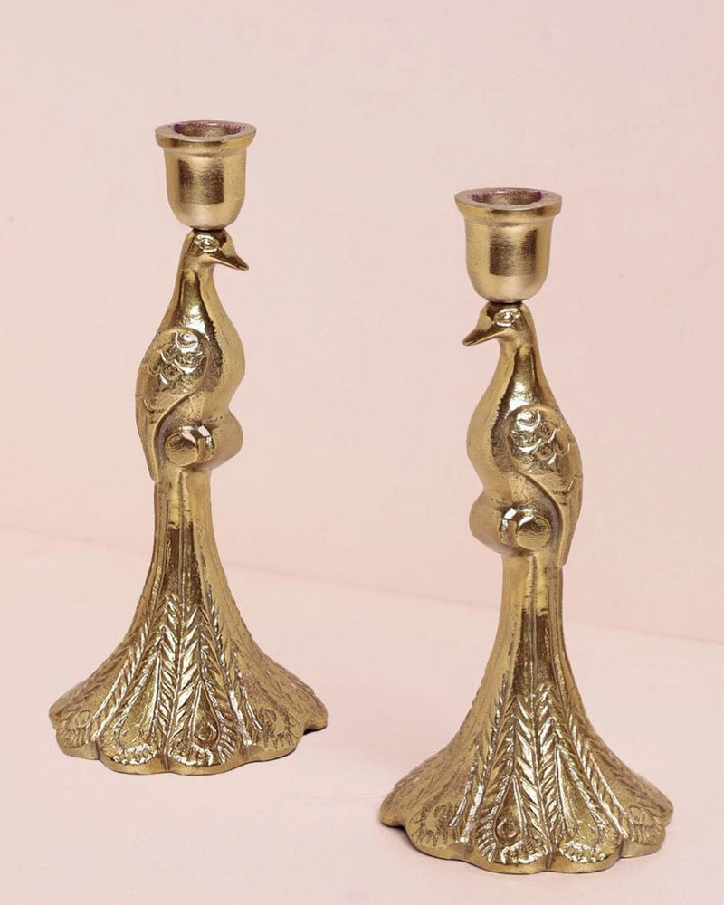 Brass Peacock Candlesticks - Set of 2