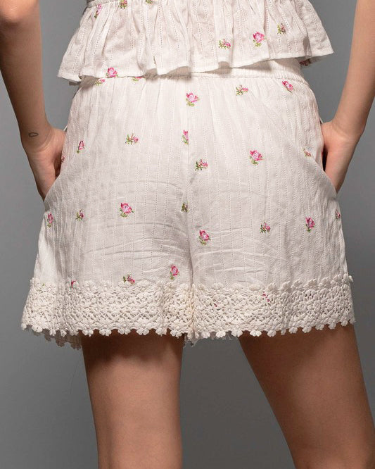 Rosebud Embroidered White Cotton Shorts