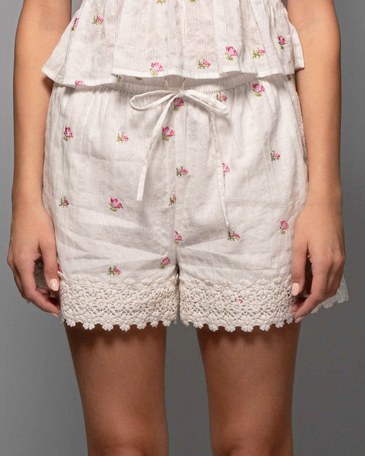 Rosebud Embroidered White Cotton Shorts