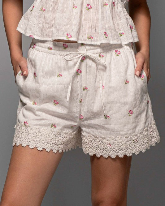 Rosebud Embroidered White Cotton Shorts