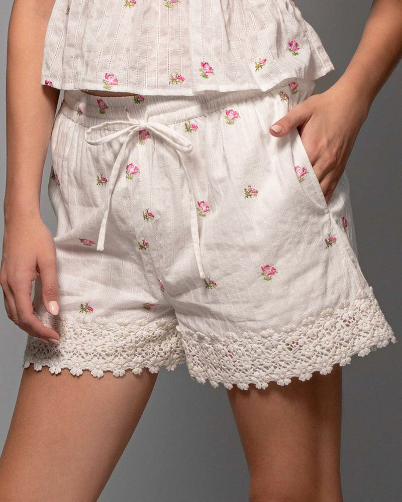 Rosebud Embroidered White Cotton Shorts