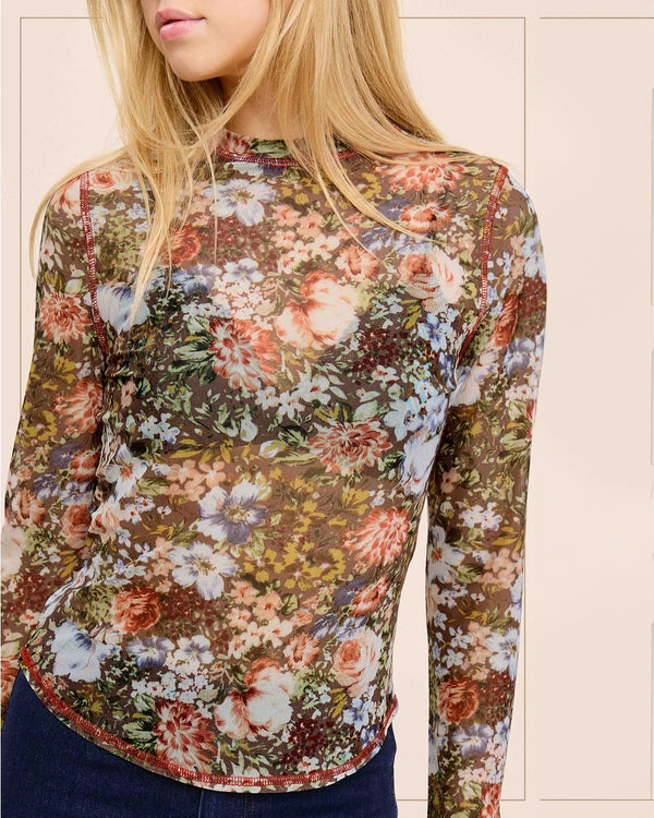 Floral Mesh Long Sleeve Layering Top