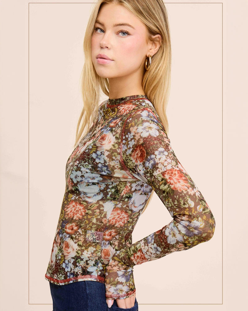 Floral Mesh Long Sleeve Layering Top