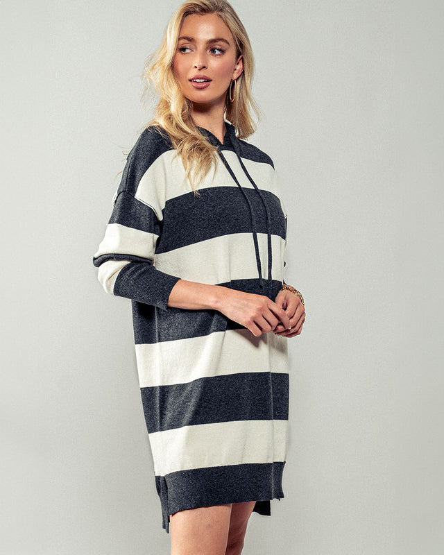 Charcoal and White Striped Hoodie Sweater Dress