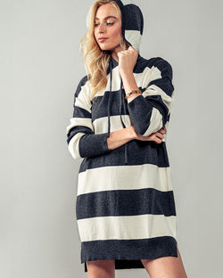 Charcoal and White Striped Hoodie Sweater Dress