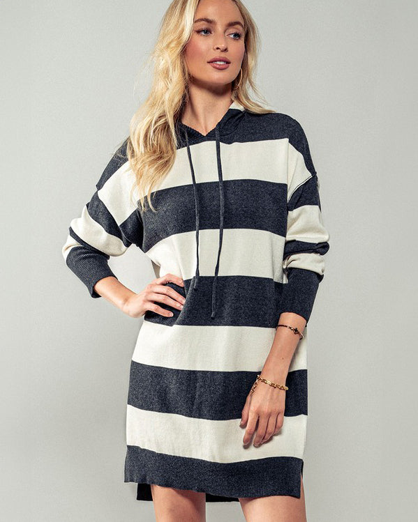 Charcoal and White Striped Hoodie Sweater Dress