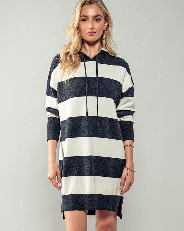 Charcoal and White Striped Hoodie Sweater Dress