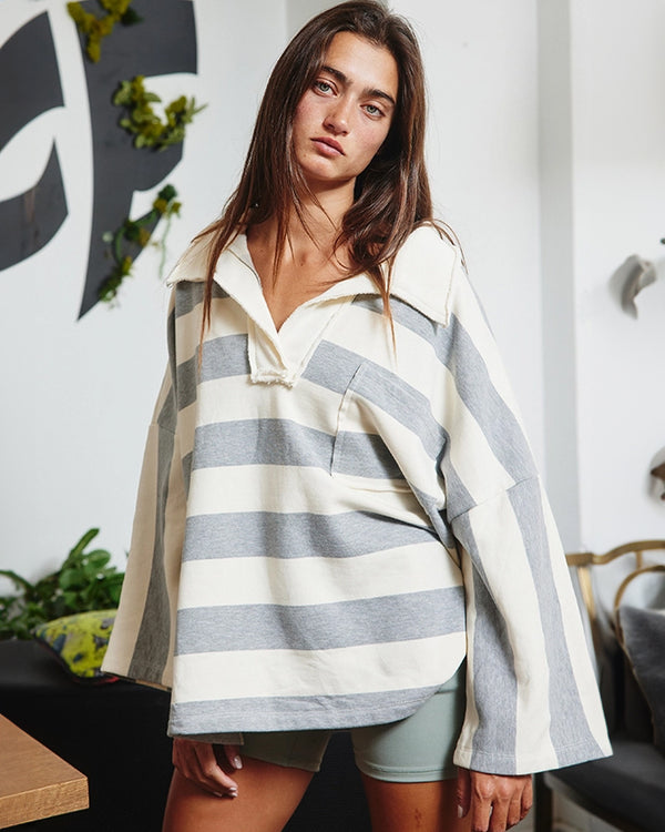 DEEP NECK WIDE RUGBY SHIRT グレー French Terry Cotton Wide Collar Rugby Shirt – SuperLoveTees