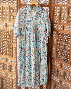 Aqua Block Print Cotton Dress