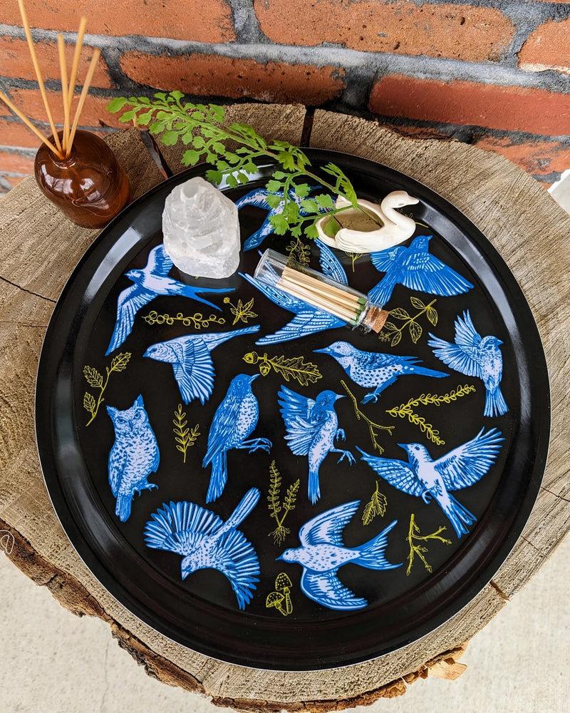 Blue Birds Round Birchwood Tray