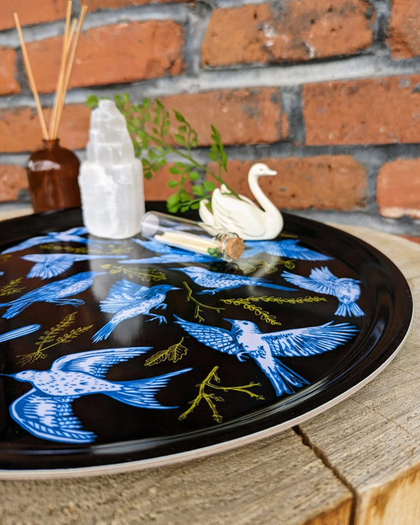 Blue Birds Round Birchwood Tray