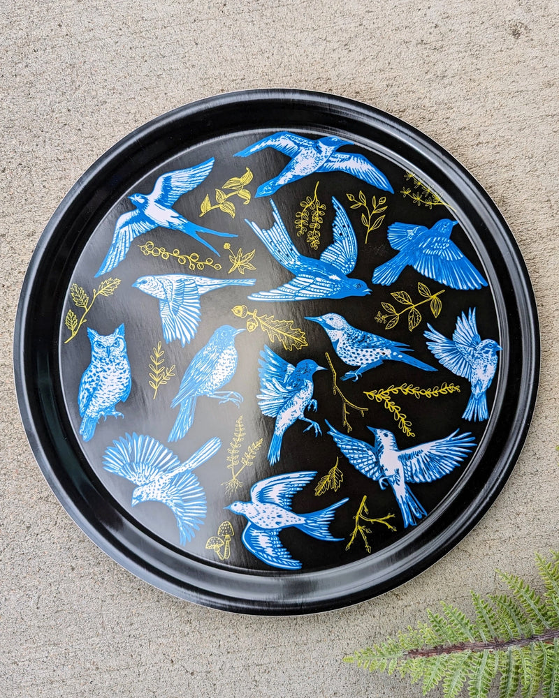 Blue Birds Round Birchwood Tray