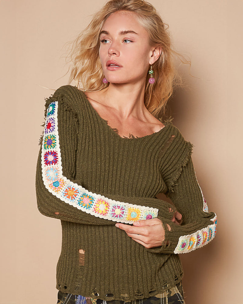 Olive Crochet Trim Fitted V-Neck Sweater