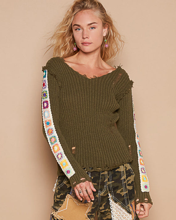 Olive Crochet Trim Fitted V-Neck Sweater