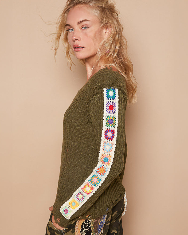 Olive Crochet Trim Fitted V-Neck Sweater