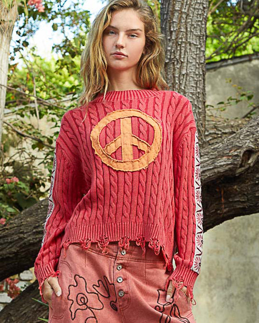 Peace Symbol Cherry Mock Neck Sweater