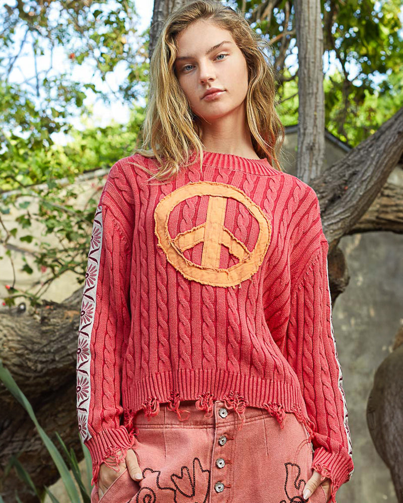 Peace Symbol Cherry Mock Neck Sweater