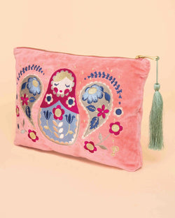 Matryoshka Doll Embroidered Velvet Zip Pouch