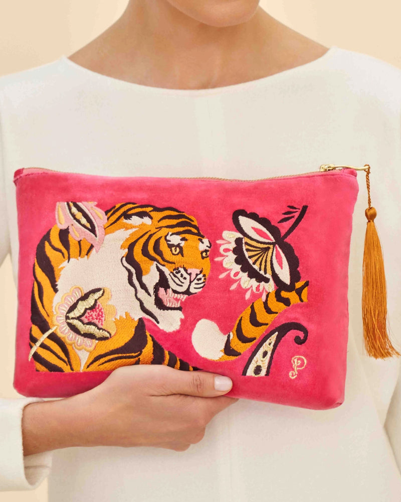 Thrill of the Tiger Embroidered Velvet Zip Pouch