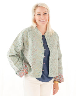 Velvet Sage & Block Print Reversible Kantha Jacket