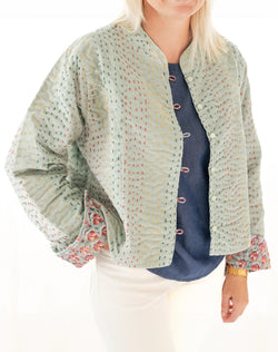 Velvet Mint & Block Print Reversible Kantha Jacket