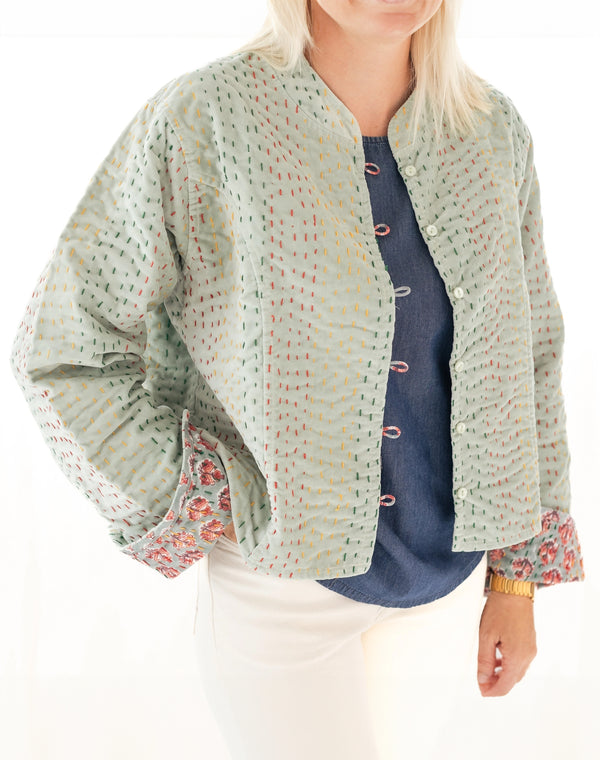 Velvet Sage & Block Print Reversible Kantha Jacket