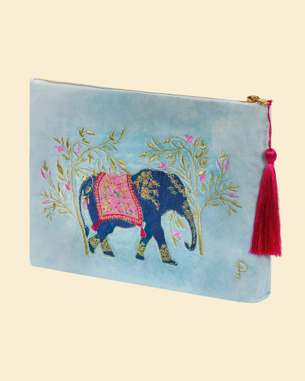 Elephant in Cornflower Embroidered Zip Pouch
