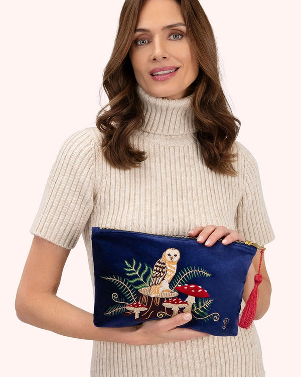 Woodland Owl Embroidered Velvet Zip Pouch