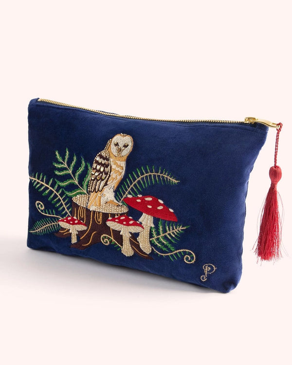Woodland Owl Embroidered Velvet Zip Pouch