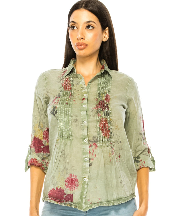 Vintage Floral Sage Shirt with Pin Tucks