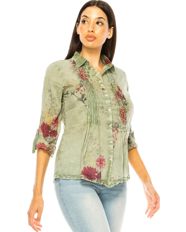 Vintage Floral Sage Shirt with Pin Tucks