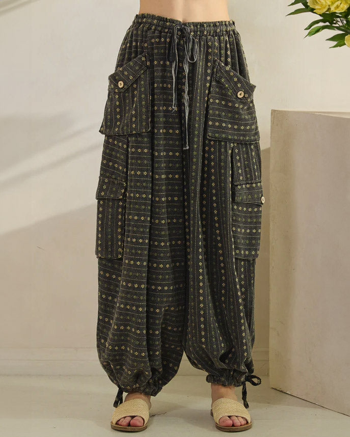 Black Floral Mineral Washed Pants