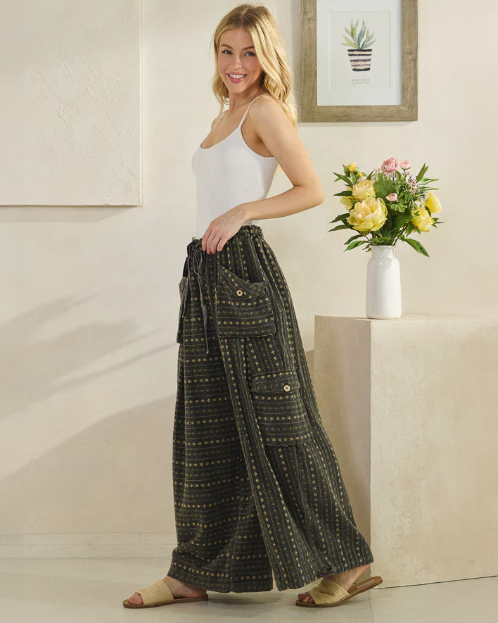 Black Floral Mineral Washed Pants