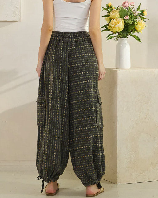 Black Floral Mineral Washed Pants