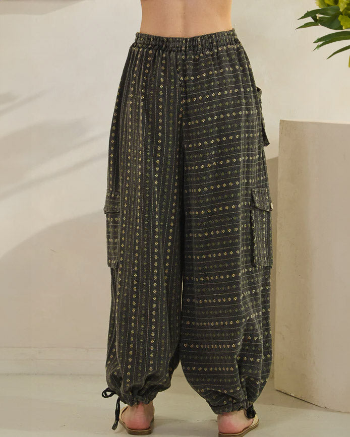 Black Floral Mineral Washed Pants