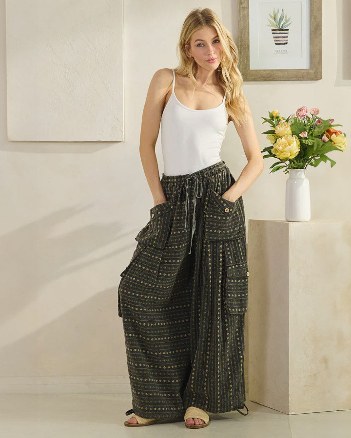 Black Floral Mineral Washed Pants
