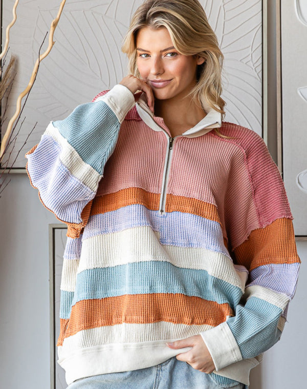 Striped Waffle Weave & French Terry Oversized Sweatshirt