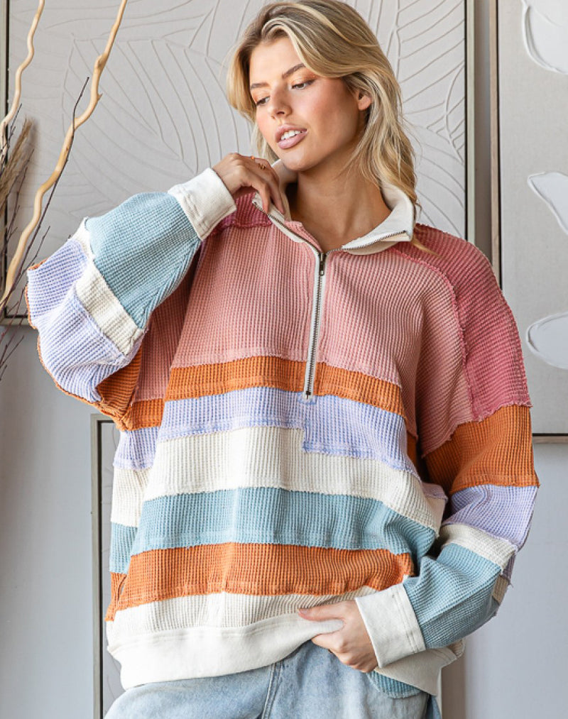 Striped Waffle Weave & French Terry Oversized Sweatshirt