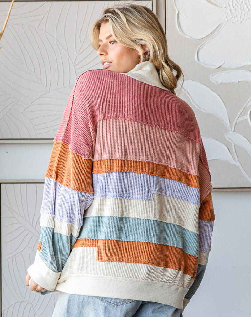 Striped Waffle Weave & French Terry Oversized Sweatshirt