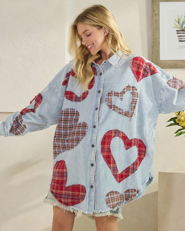 Oversized Denim Plaid Hearts Shirt