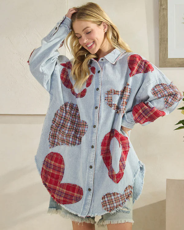 Oversized Denim Plaid Hearts Shirt