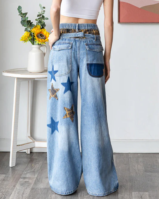 Love & Stars Patchwork Wide Jeans