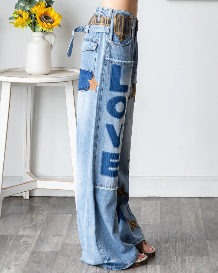 Love & Stars Patchwork Wide Jeans