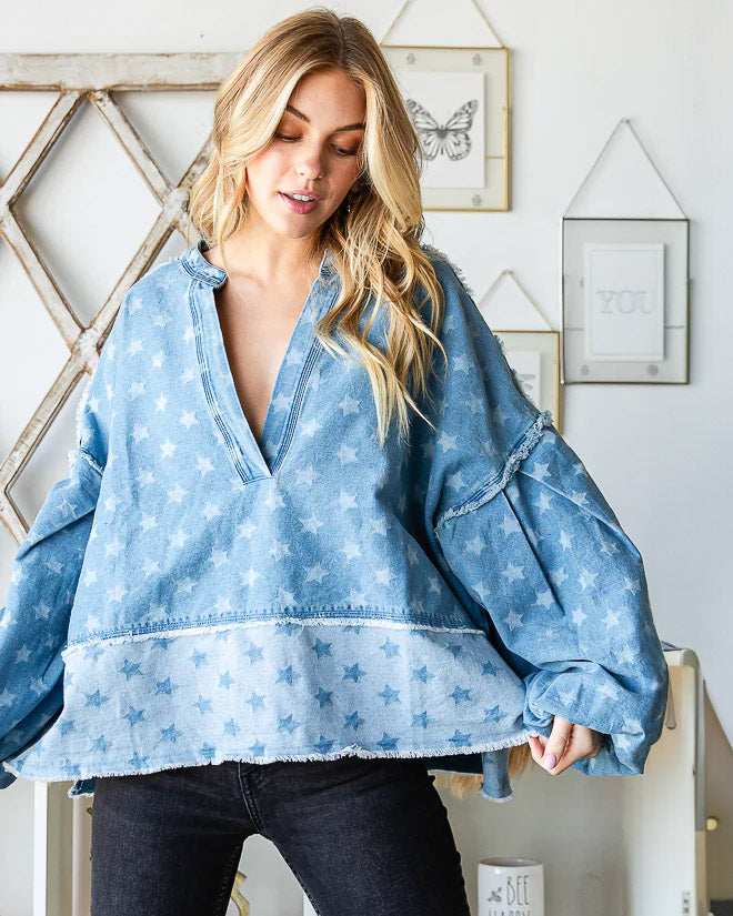 Star Oversized Denim Balloon Sleeve Top