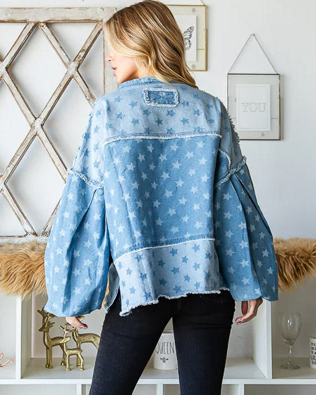 Star Oversized Denim Balloon Sleeve Top