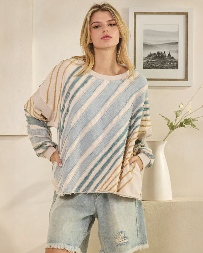Bias Striped Raw Edge Pullover