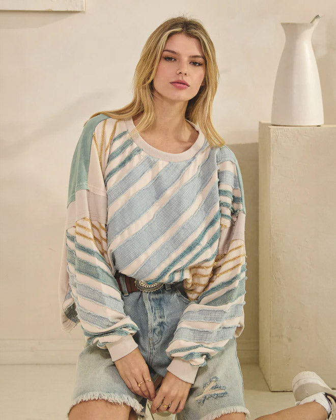 Bias Striped Raw Edge Pullover