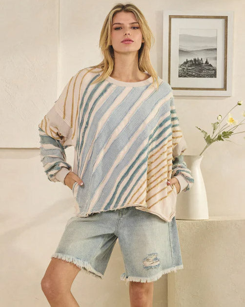Bias Striped Raw Edge Pullover