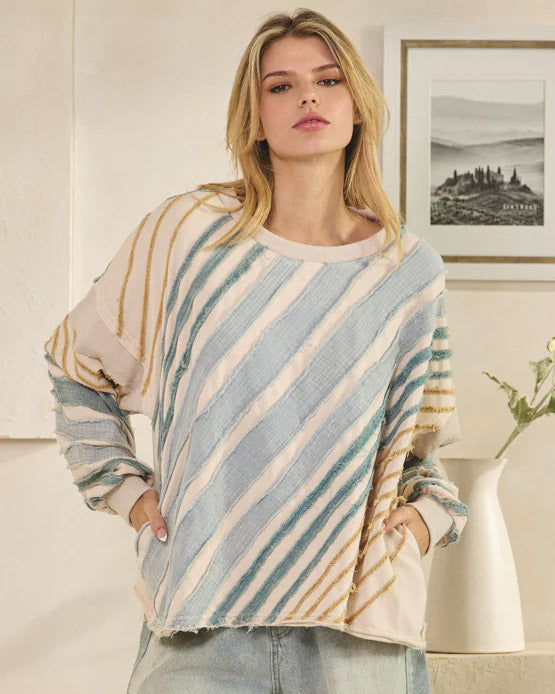 Bias Striped Raw Edge Pullover